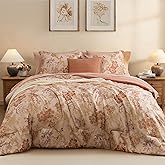 BLOOMHAVEN Queen Comforter Set -7 Pieces Terrecotta Floral Comforter Set for All Seasons, Bed in a Bag Queen with Botanical Flowers Comforter, Sheets, Pillowcases & Shams