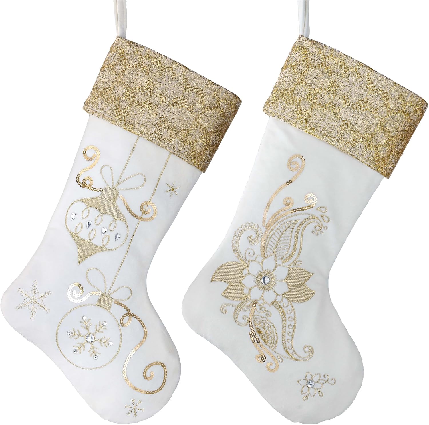 Stockings & Holders - Valery Madelyn 21 inch White Gold Christmas Stocking, 2 Pack Exquisite Plush Personalized Fireplace Embroidery Hanging Stockings for Holiday Party Christmas Decorations and Xmas Gifts