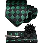 JEMYGINS Mens Plaid Tie and Lapel Pin Necktie Pocket Square with Tie Clip Sets for Business Casual 4PCS