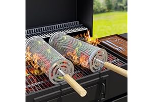 BICRET Grill Basket 2PCS Rolling Grill Baskets with Handle BBQ Grill Basket for Outdoor Grill Barbecue Stainless Steel Accessories