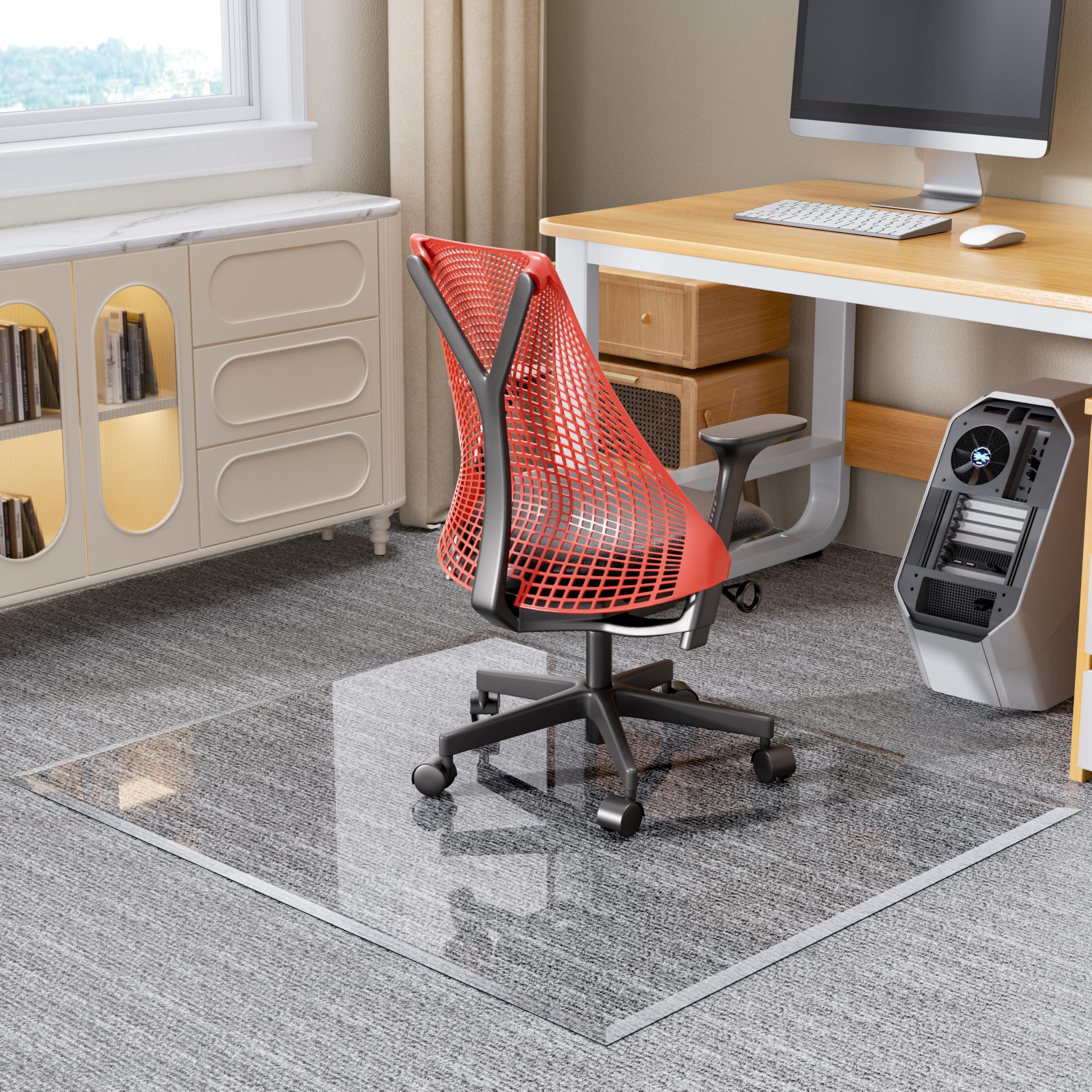 Photo 1 of [Tempered Glass] 55“ x 46” Beveled Edge Glass Chair Mat with Polished Edge Clear Office Chair Mat, Glides Smoothly, Suitable for Carpet or Hardwood Floors