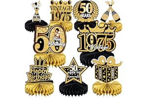 MDCGFOD 9 Pcs 50th Birthday Decoration for Men Women 50th Birthday Table Decorations Cheers to 50th Birthday Honeycomb Centerpieces 1975 Table Topper Black and Gold 50th Birthday Party Favors