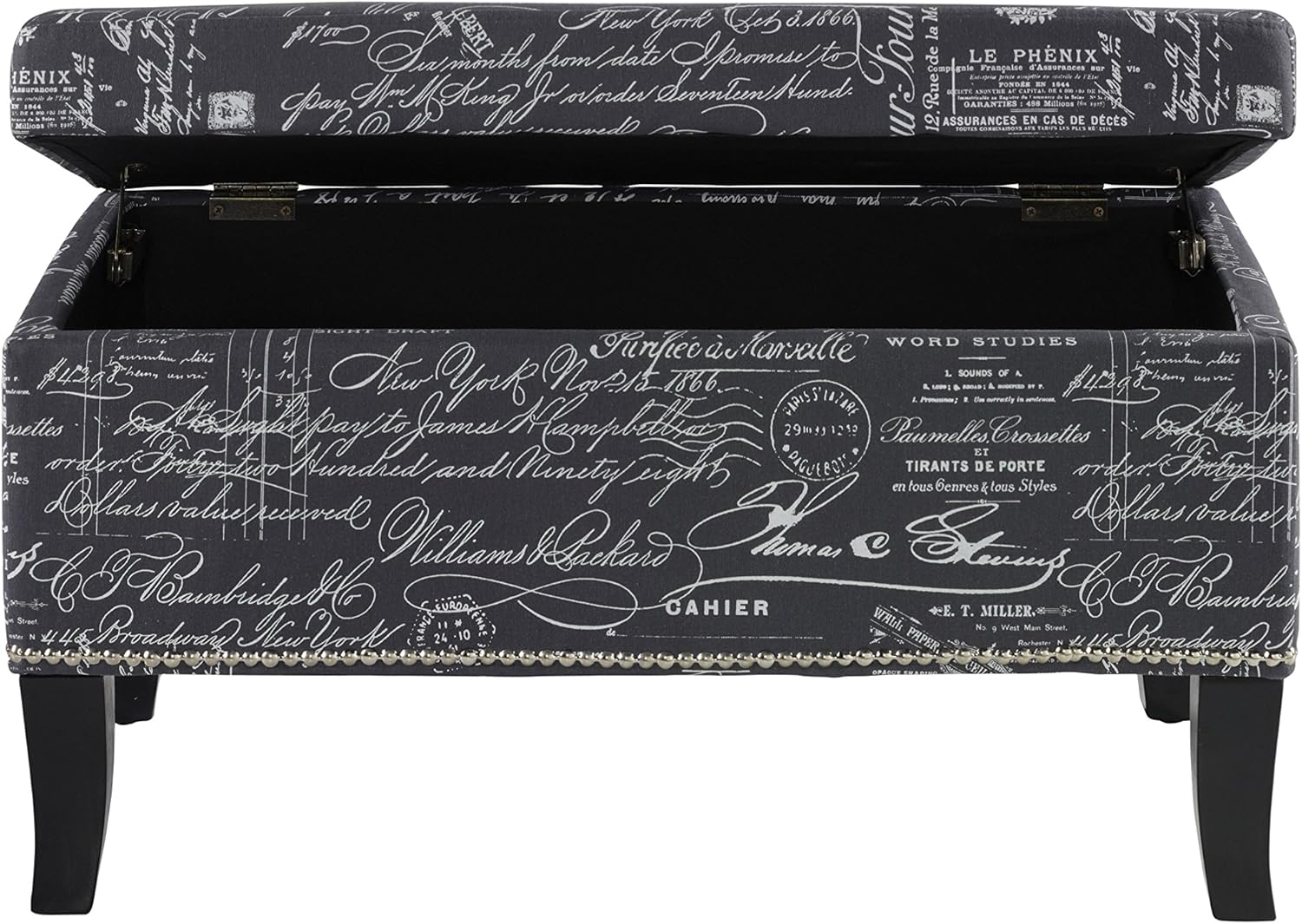Linon Stephanie Script Linen Ottoman, 32"W x 16"D x 18"H, Gray/Black: Kitchen & Dining