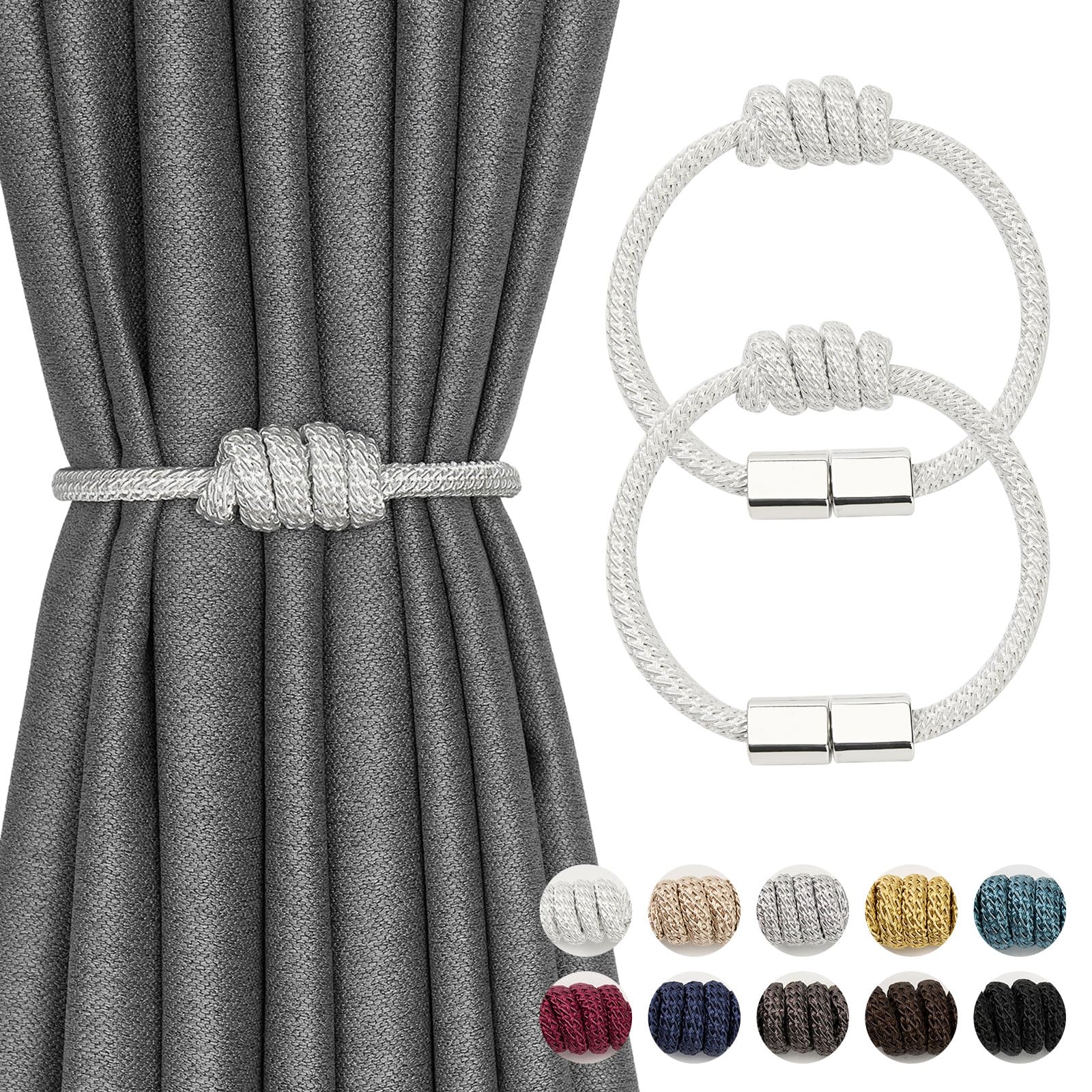 Pretty Jolly 2 Pack Mini Magnetic Curtain Tiebacks Modern Simple Style Drape Tie Backs Elegant Hand Weave Rope Knot Decorative Curtain Holdbacks for Home & Office Window Drapery (White)