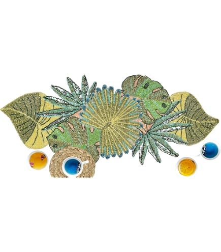 Chemin De Table Perles De Saphir CLEENTABLE - 91 X 33 Cm - Fait Main - Motif Art Déco Floral - Dos En Polyester - Décoration Mariage Ou Salon
