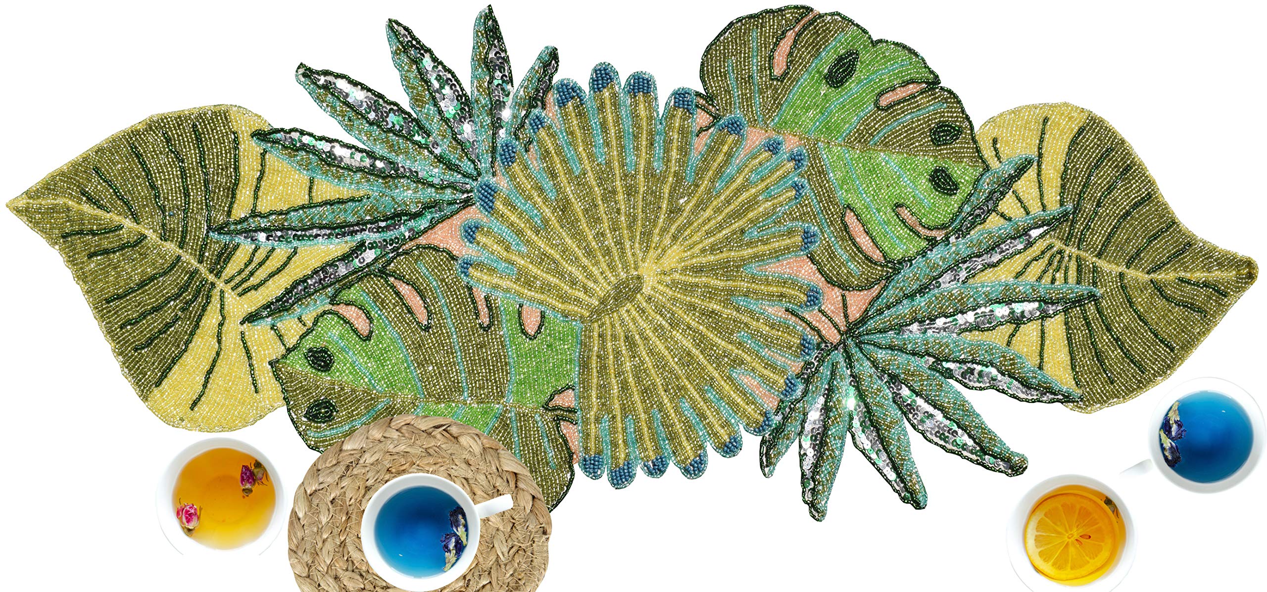 Lightnpro Green Leaves Handmade Beaded Table Runner