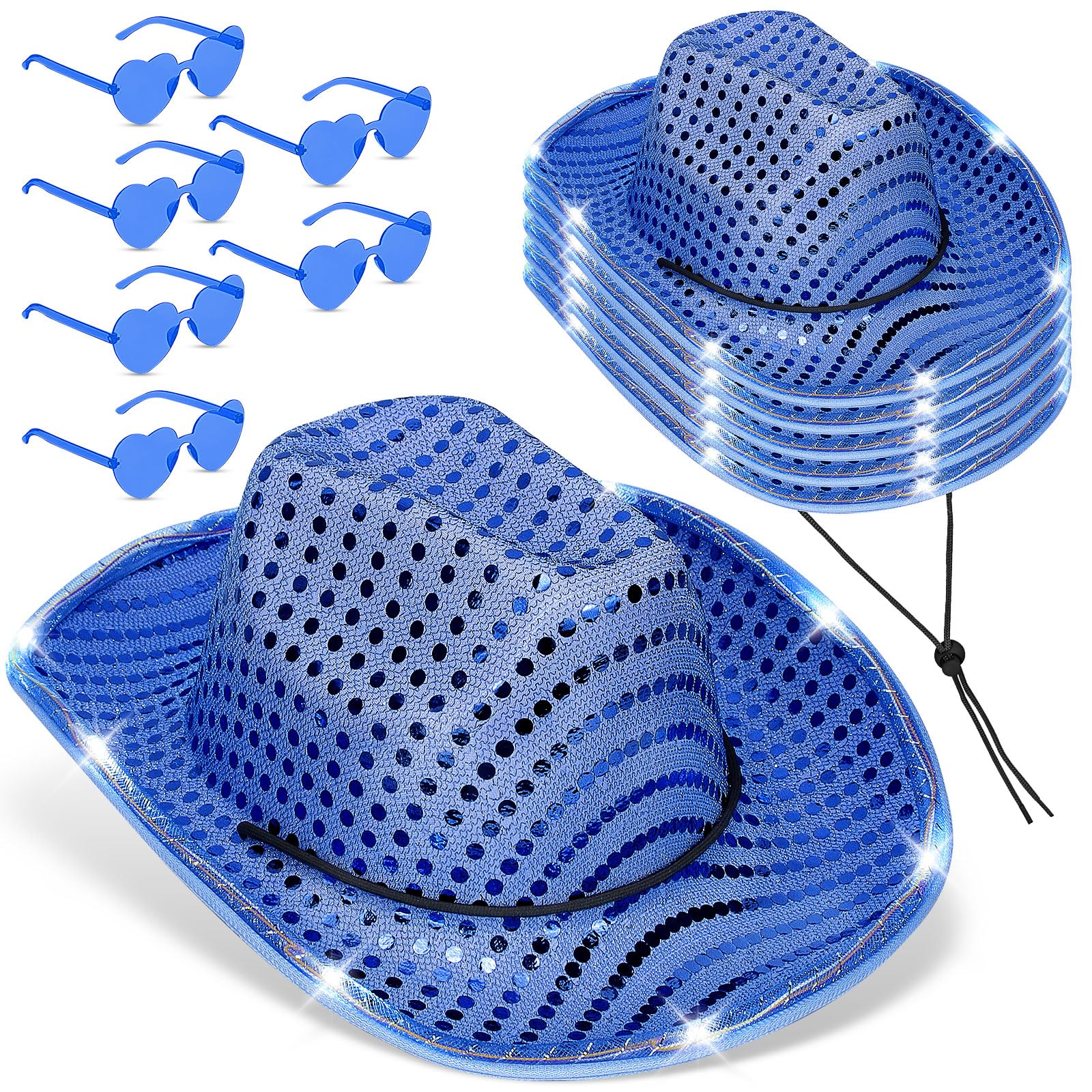 6 Pcs LED Cowboy Hat Light Up Glitter Set Cowboy Hat with Sunglasses Sequin Space Cowgirl Hat for Women Men Costume (Blue)