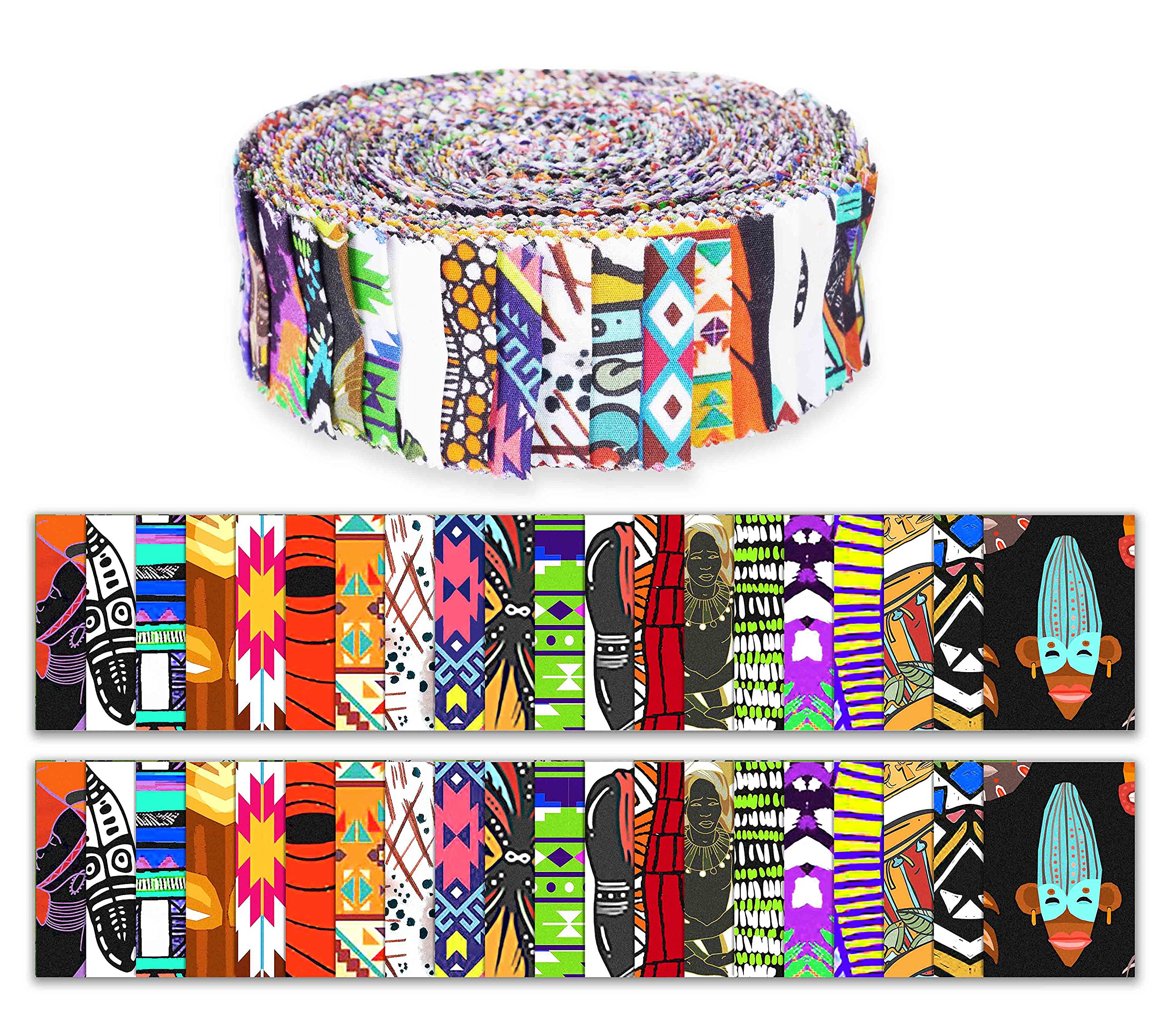 Soimoi 40Pcs Tribal Print Precut Fabrics Strips Roll Up 1.5 inches Cotton Jelly Rolls for Quilting - Multicolor