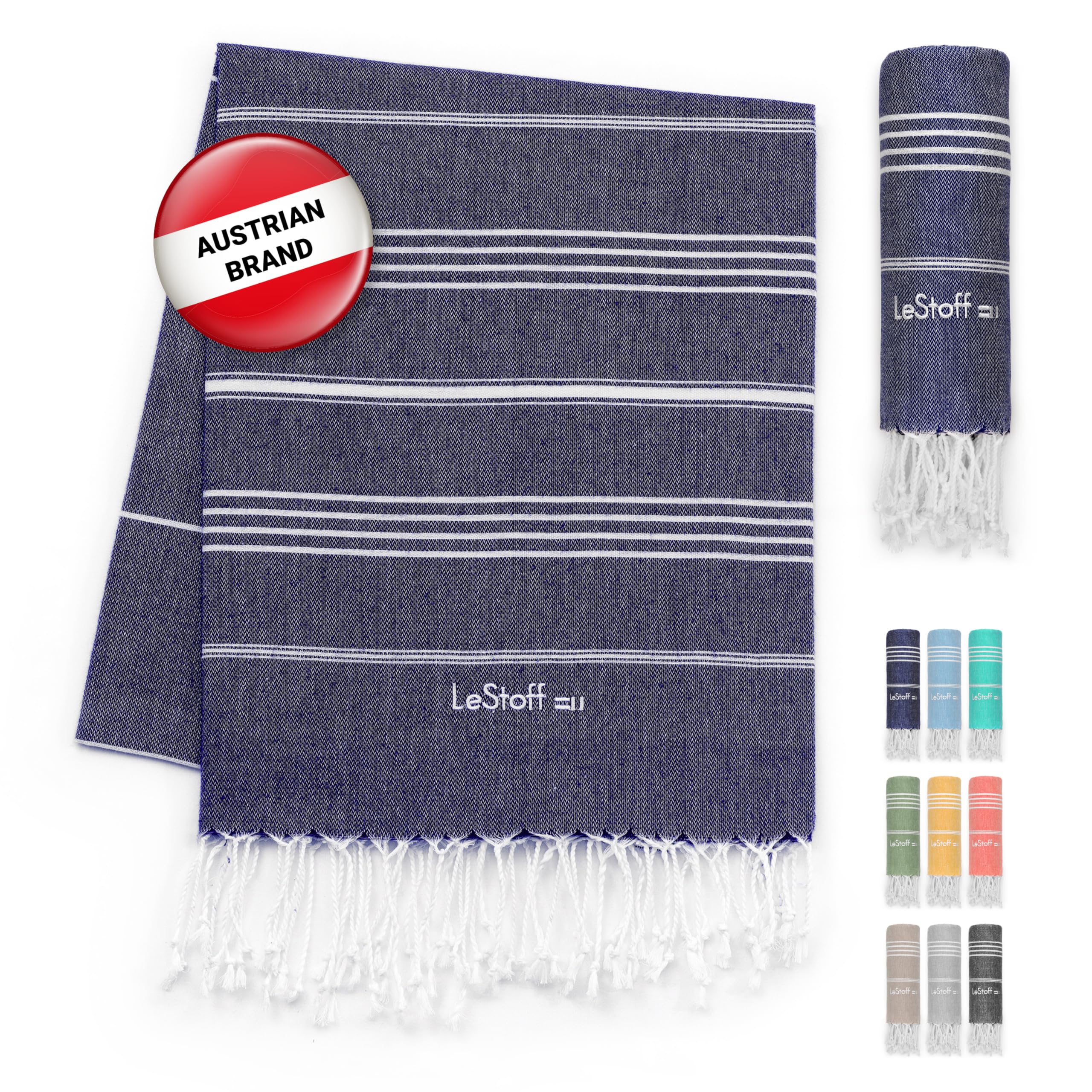 LeStoff Premium Hammam Towel - 100% Organic Cotton - Pre-washed Sustainable Absorbent & Quick-drying - Beach, Bath, Shower, Yoga, Spa & Travel Towel (200 x 200 cm Navy)