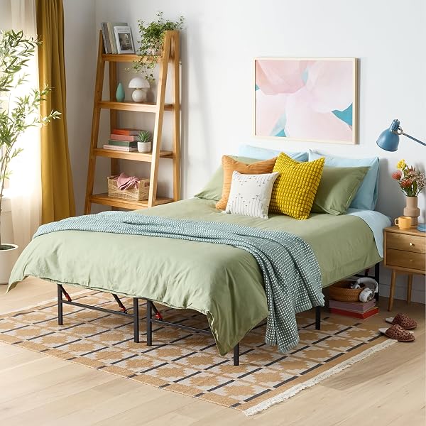 Amazon Basics Bed Frame with Storage, Foldable Metal Platform, Sturdy Steel, No Box Spring Needed, 14-inch High, Tool-Free Se