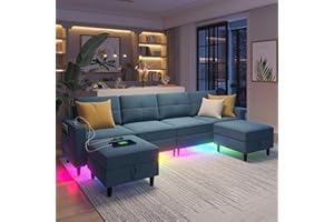 SKKTKT LED Sectional Couches for Living Room, Modular Sectional Sofa Set with Storage Ottomans, Oversized U Shaped Sofa Couch with Auto Sensor RGB Lights and Charging Station (Blue)
