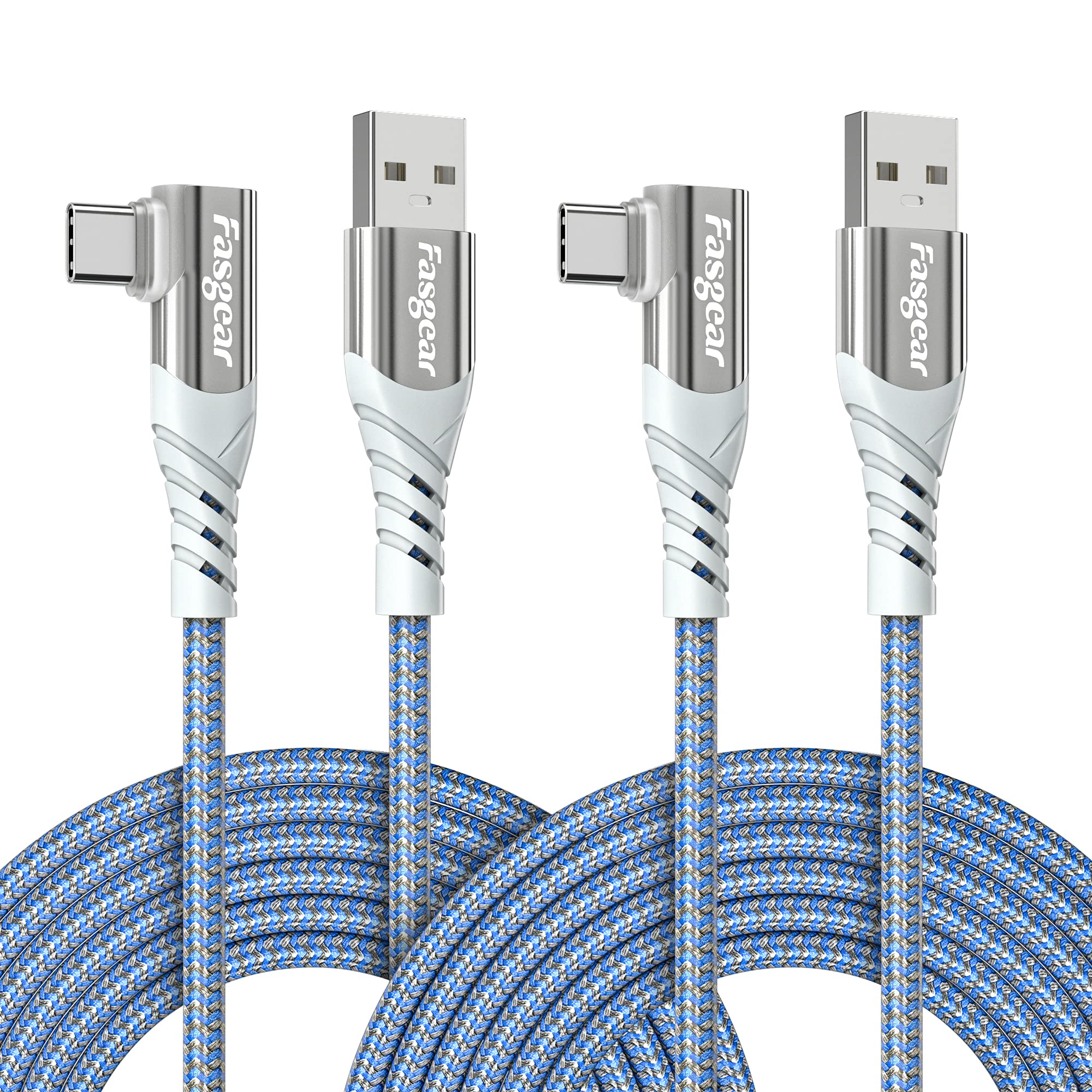 Fasgear USB C 90 Degree Cable: Right Angle Type C Fast Charging Cord Quick Charge Lead Compatible with Sam-sung Galaxy S24 S10 plus S9 S8 A70 A51 | Hua-wei P30 P20 | Red-mi Note 8 (10ft, 2 Blue)