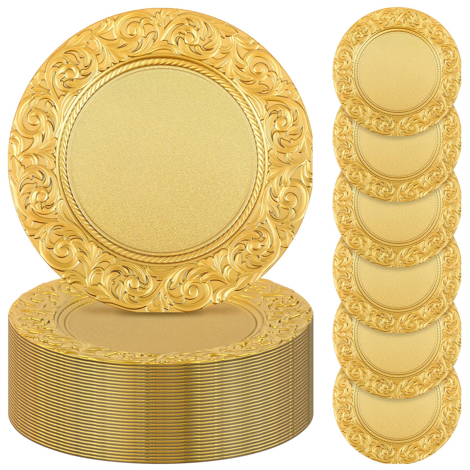 Photo 1 of Zhehao 50 Pcs Antique Gold Charger Plates Bulk 13 Inch Embossed Rim Plastic Charger Plate Decorative Round Plate Chargers for Dinner Wedding Party Event Table Setting Decoration
