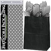 Flexicore Packaging Black Kraft Paper Gift Bags & Gray Gift Wrap Tissue Paper | Size: 8 Inch X 4.75 Inch X 10.5 Inch | Count: 5 Bags | Color: Gray Polka Dot