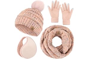 LOROME Winter Hat Scarf Gloves and Ear Warmer, Warm Knit Beanie Hat Touch Screen Gloves Set Winter Gifts Neck Scarves for Women