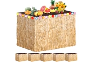 COHPOH ADXCO 6 Packs Luau Grass Table Skirt Fringe Brown Grass Skirt 108 x 30 Inch Hibiscus Hawaiian Table Skirts Tropical Luau Party Decorations for Moana Themed Events, Birthday