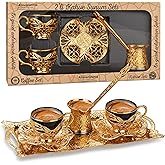Alisveristime Turkish Coffee Set for Two, 2 Black Gilded Porcelain Cups with Zamac Holders and Saucers, Metal Tray, Lale Motif Zamac Coffee Pot (Black Gilded) (Gold)