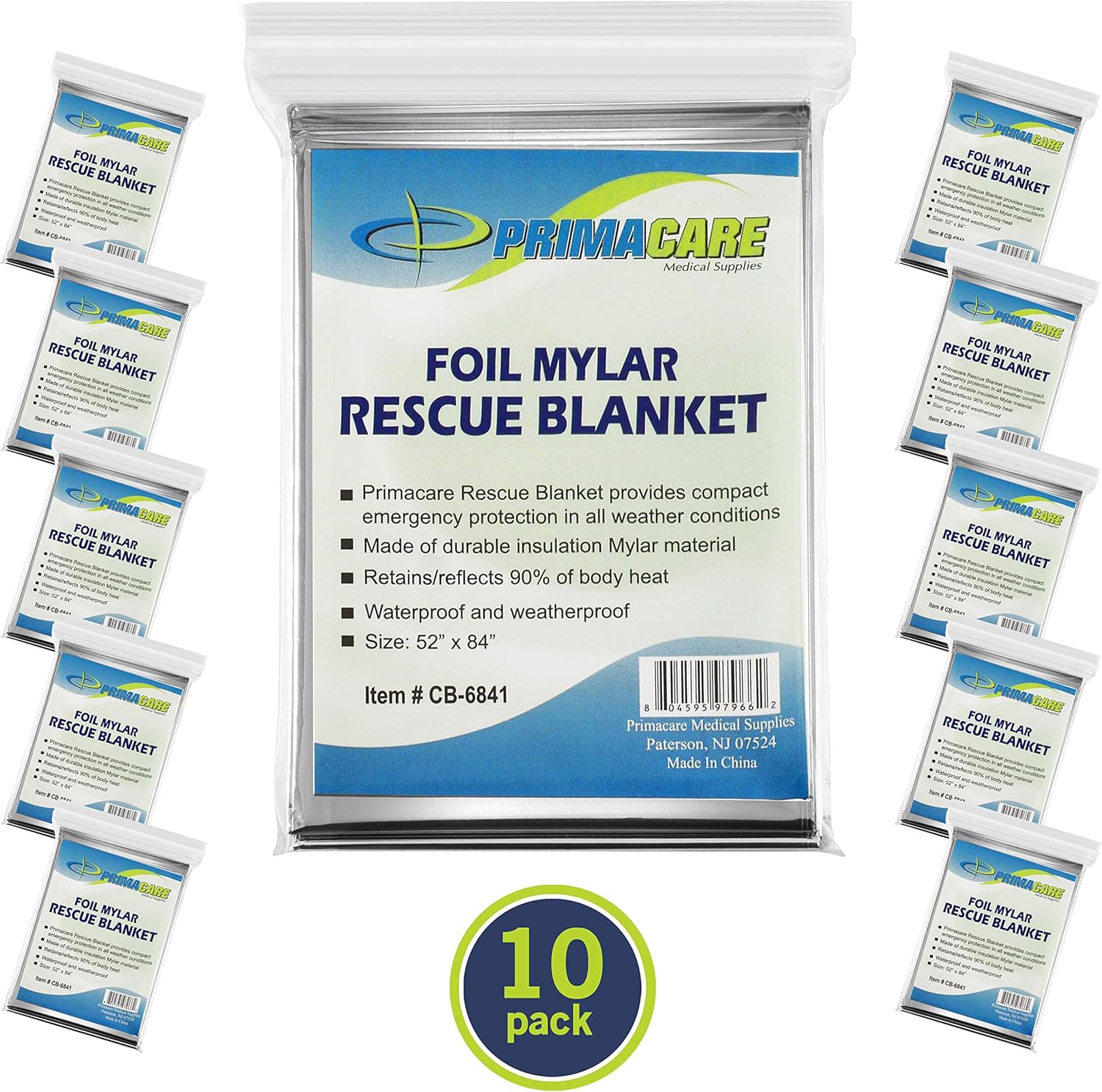 Primacare HB-10 Emergency Foil Mylar Thermal Blanket (Pack of 10), 52" Length x 84" Width, Silver: Health & Personal Care