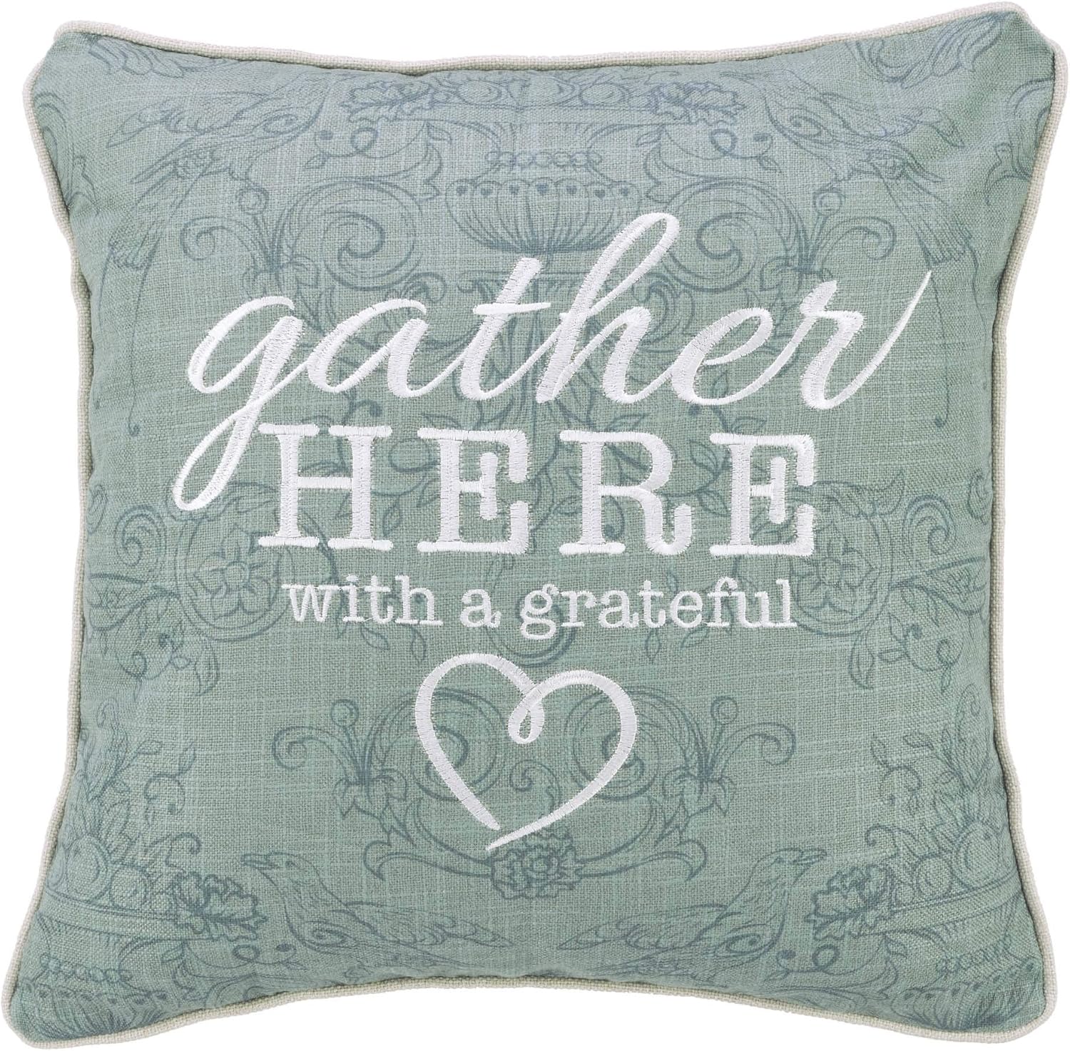 Christian Art Gifts Decorative Throw Pillow | Gather Here with A Grateful Heart| Embroidered Green Couch Pillow and Inspirational Home Decor, 18 x 18