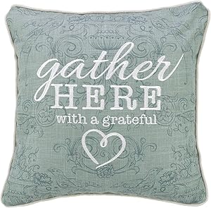 Christian Art Gifts Decorative Throw Pillow | Gather Here with A Grateful Heart| Embroidered Green Couch Pillow and Inspirational Home Decor, 18 x 18