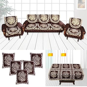 Furnishing Zone Brown 12 Piece Sofa Cover, Cushion Cover and Table Cover Set - 5 Seater