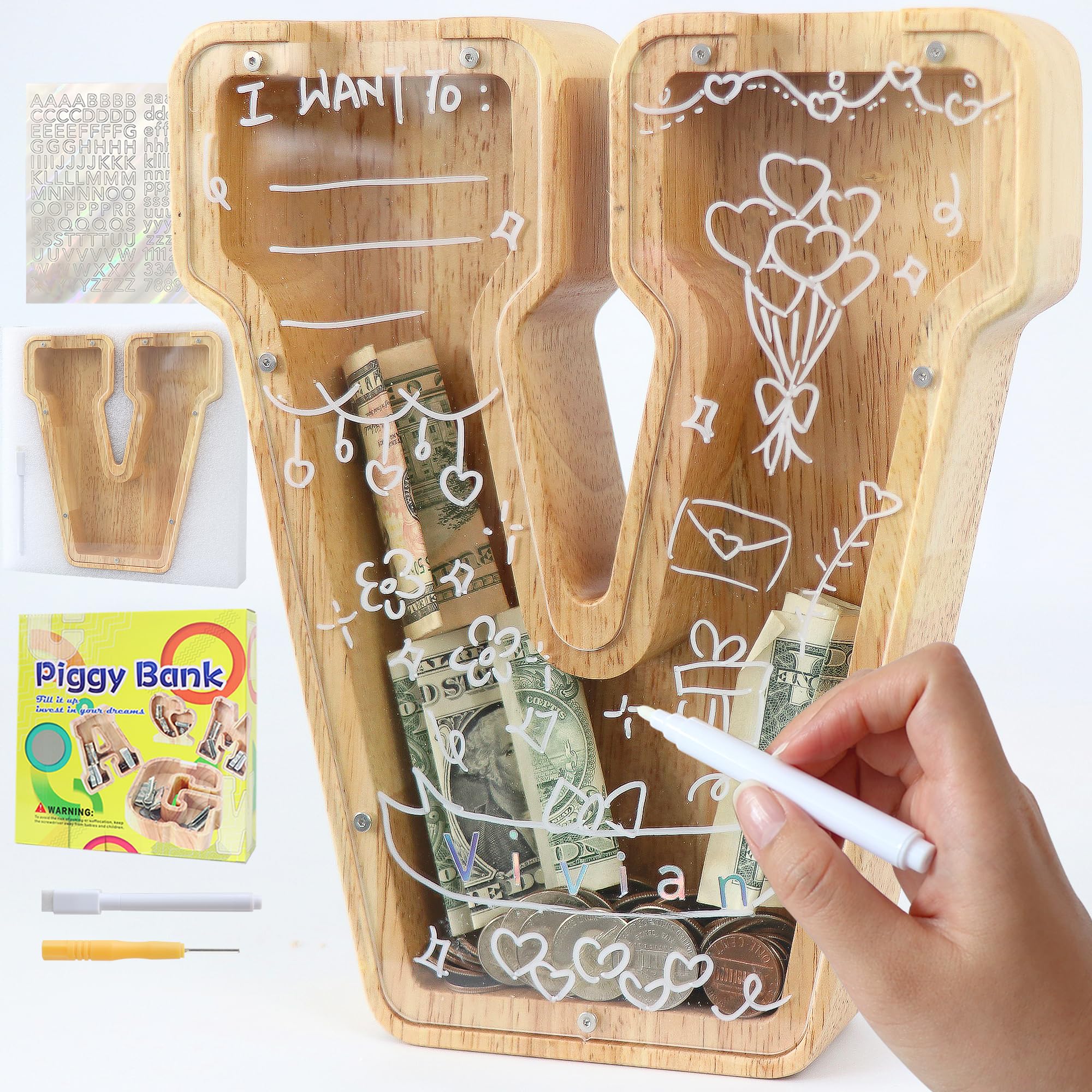 Mikytoper Letter Money Box for Kids Large Wooden Personalized A-Z Piggy Bank Clear Alphabet Money Bank Coin Bank for Gift Decoration Baptism (V)