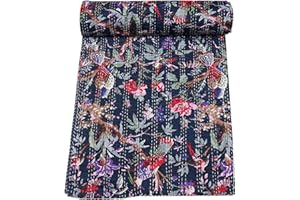 Marubhumi Indian Handmade Stitched Pure Cotton Bohemian Bird Print Kantha Quilt (Navy, Queen (90"x 108"))