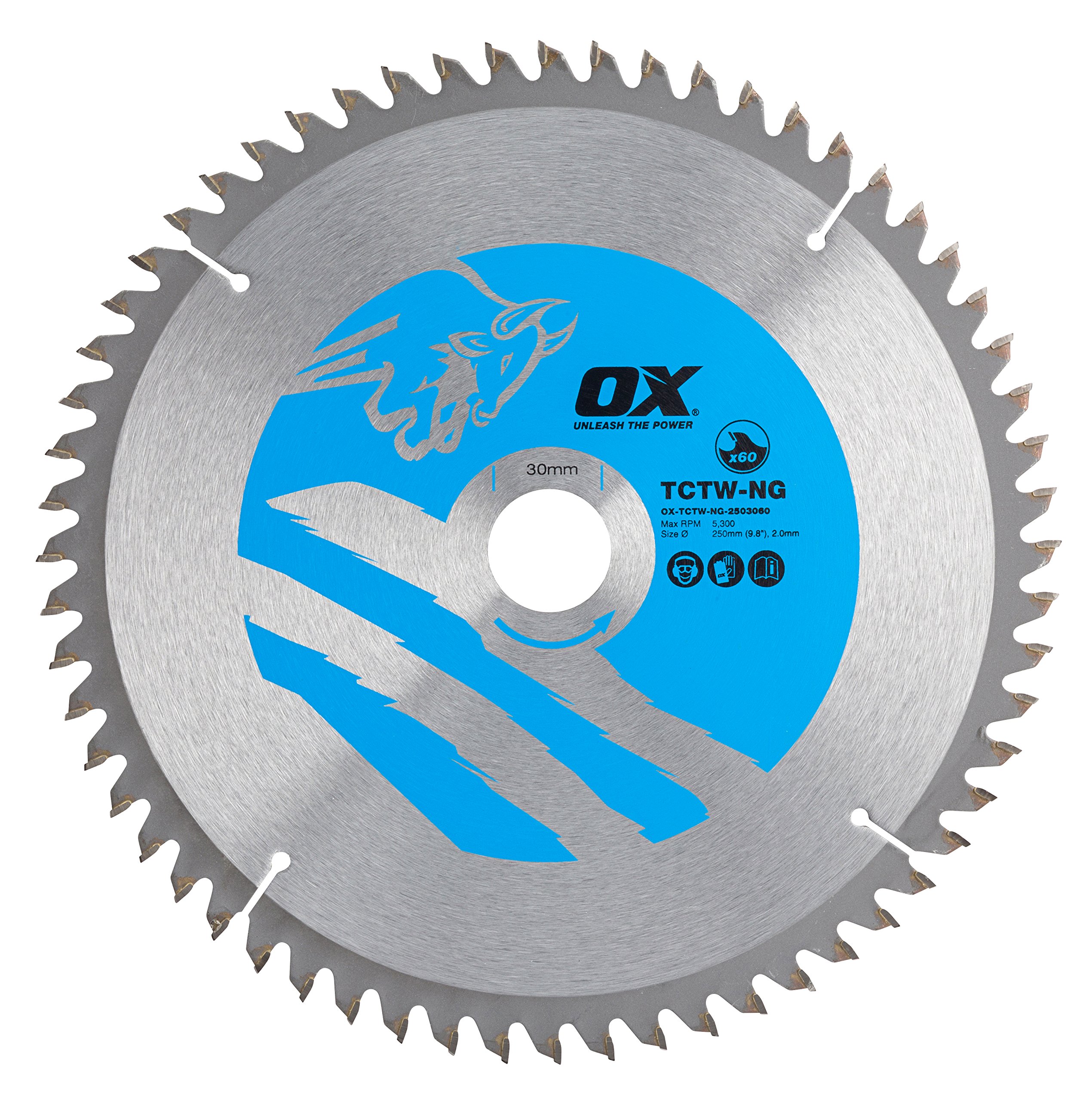 OX Tools Wood Cutting Negative Rake Circular Saw Blade – 60 Teeth ATB Circular Cutting Disk - Silver/Blue Circular Blade – 250/30 mm