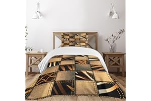 Ambesonne Savannah Bedspread Set, Earthy Jeans Denim Inspired Patchwork in Giraffe and Zebra Design Art Print, 3 Piece Decorative Bedding Coverlet and 2 Pillow Shams, Twin Size, Black and Brown