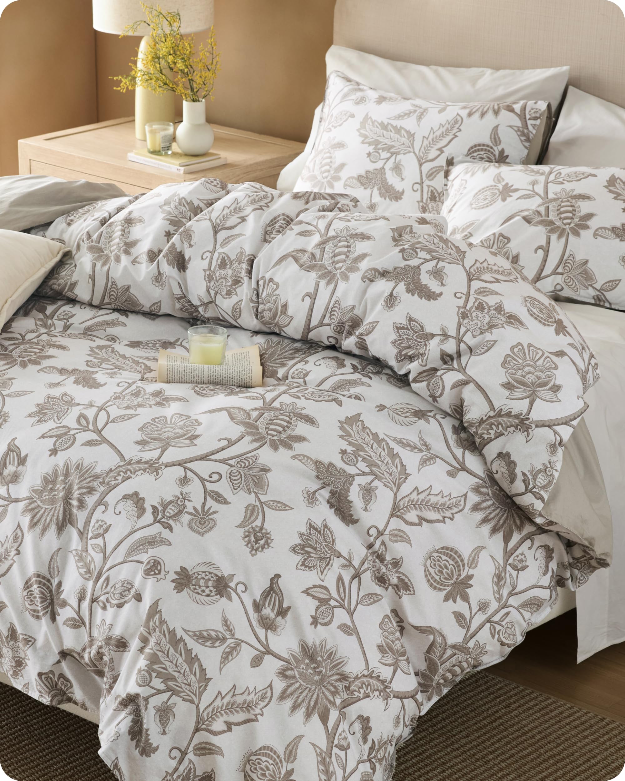 Bedsure 100% Cotton Reversible Floral Duvet Cover Queen Size - Entwined Vines Pattern Printed Comforter Cover with Zipper Closure & 2 Pillow Shams, Comforter Sold Separately (Linen Vines, 90"x90") Image