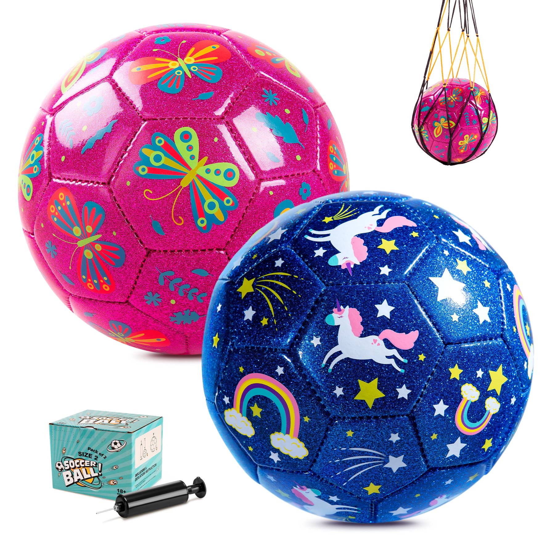 U&C Planet 2 Pack Size 2 Football for Kids Ages 1-6 Unicorn & Butterfly Design Includes 1 Hand Pumps & Mesh Bags |Indoor Outdoor Play Toy Gift for Toddlers — image 1