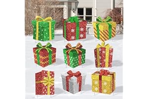 Tiamon 9 Pcs Christmas Decoration Outdoor Present Yard Sign with Stakes Xmas Lawn Gift Box Decor for Home Outdoor Pathway Walkway Patio Garden Party Supplies