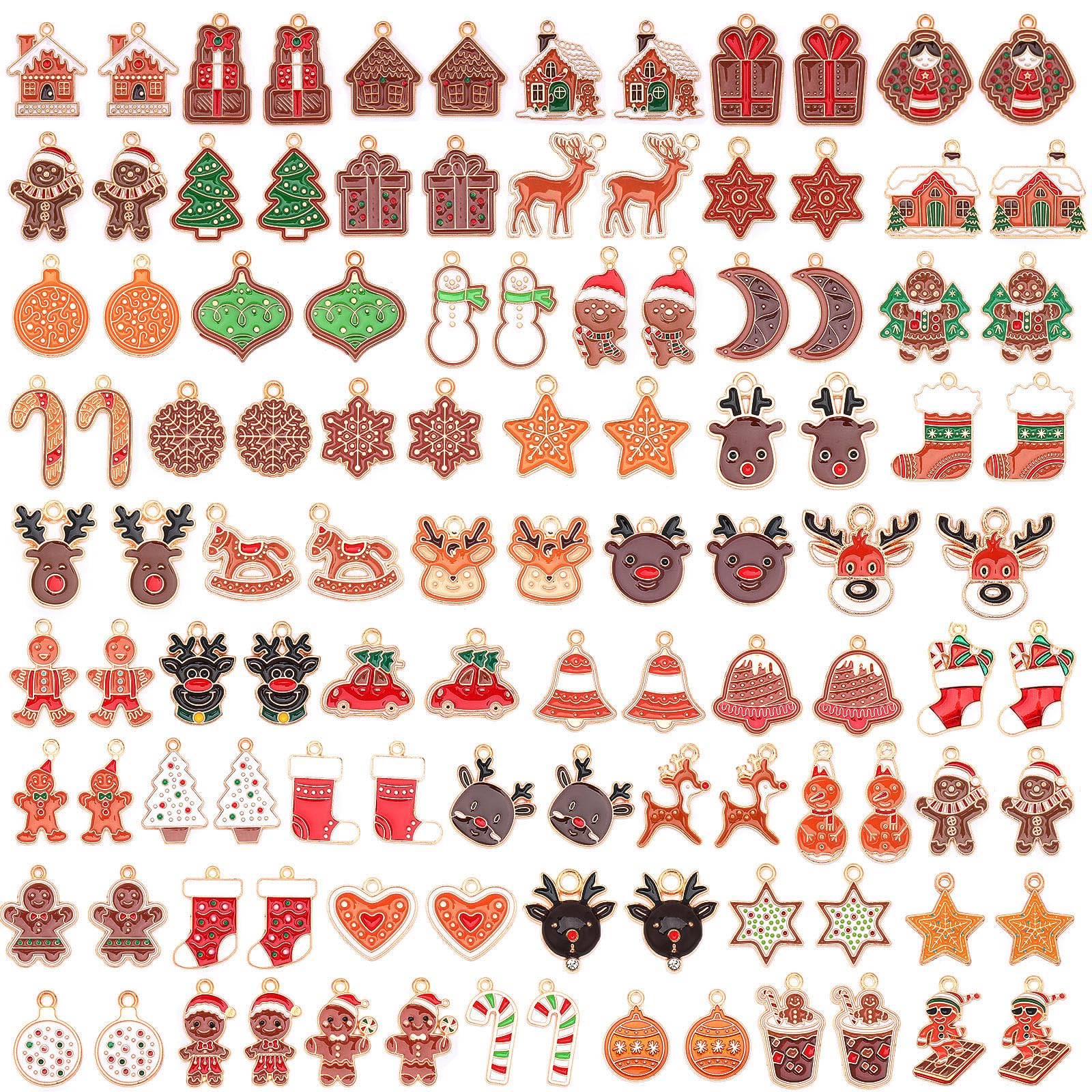 SANNIX 110 Pcs/55 Pairs Christmas Charms, Christmas Gingerbread Man Charm Holiday Gold Enamel Pendants for DIY Bracelet, Necklaces, Earrings Craft Supplies