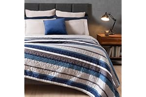 Vianney Twin Comforter, Novo Boston Twin Bedding, Reversible Lightweight Quilted Blanket in Blue and Grey Striped Design with Solid Light Grey on Other Side, 71”x93”