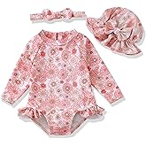 Baby Girl Swimsuit Long Sleeve One-Piece Swimwear with Hat Rash Guard Ruffle Floral Zipper Beach Infant Bathing Suit