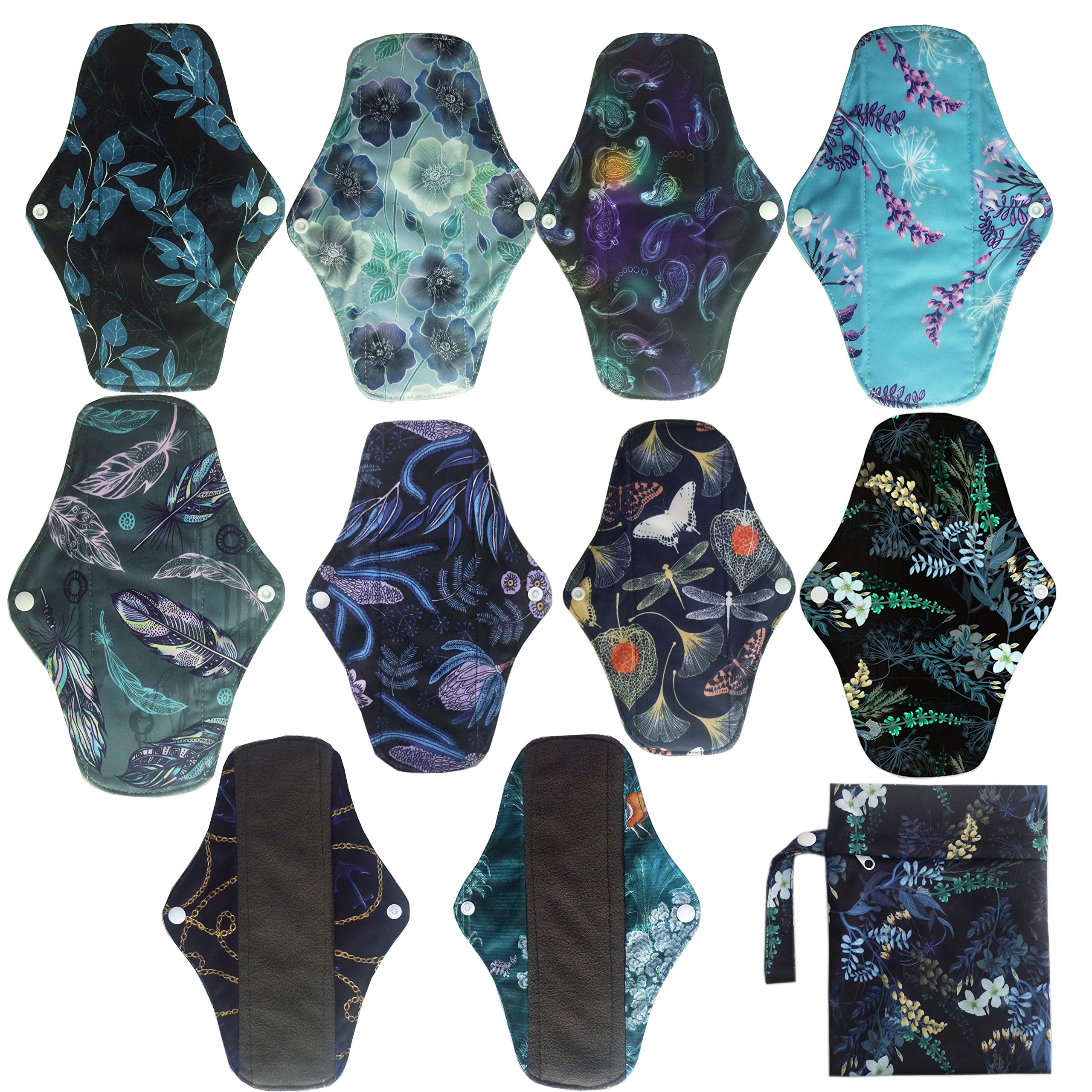 10PCS 10 Inch Charcoal Bamboo Cloth Reusable Washable Menstrual Pads Sanitary Pads+1 Wet Bag (NCM-M10-01)