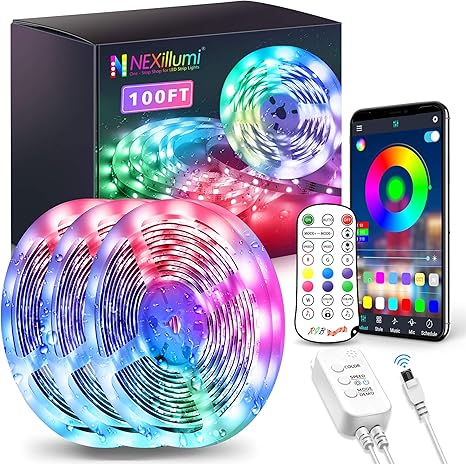 Amazon Com 100ft Waterproof Led Strip Lights With Remote Smd 5050 Rgb Color Changing Music Sync App Control Led Lights For Bedroom Living Room Dorms Room Decor Christmas Led Strip Lights 32 8ft X