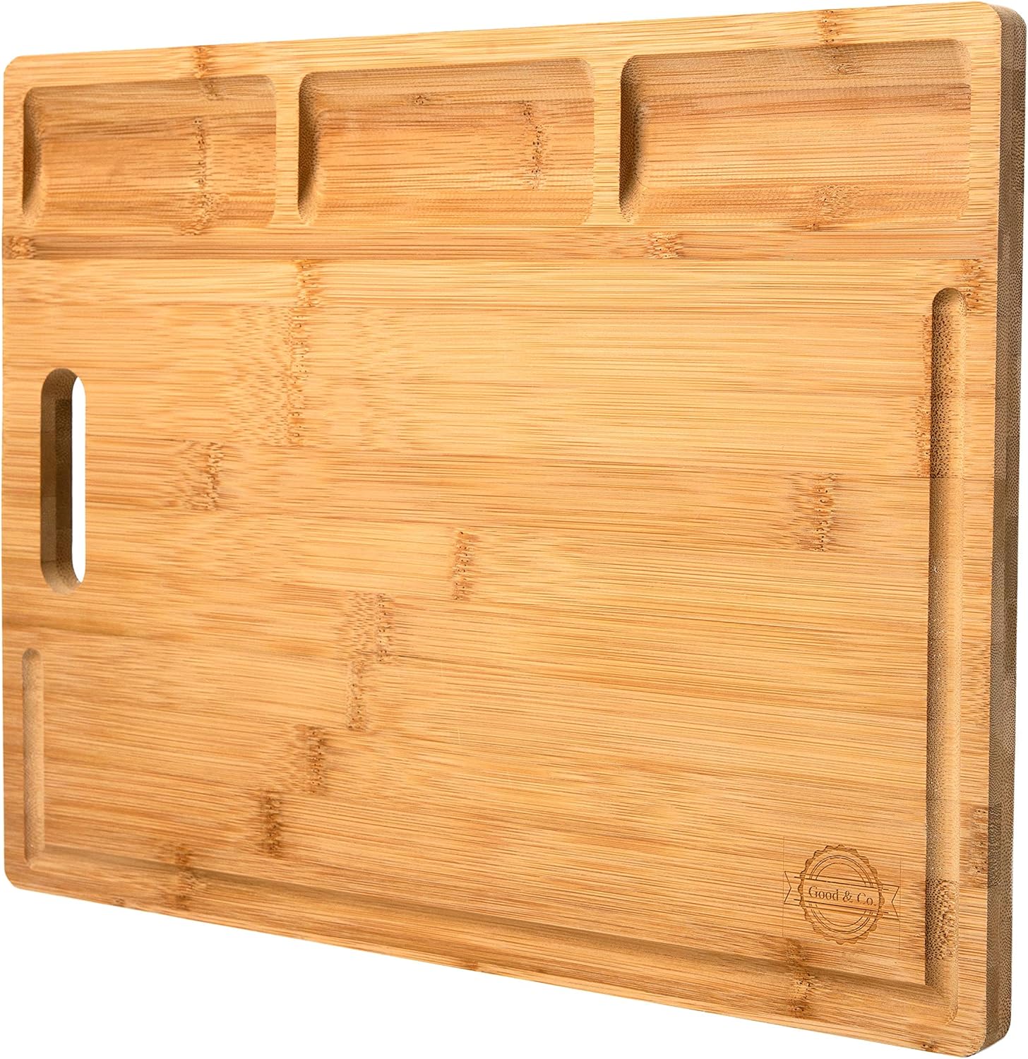 Amazon Com Large Bamboo Cutting Board And Charcuterie Board With Built In Garnish Dip Bowls 16 X 12 Organic Bpa Free With New And Improved Deeper Juice Groove For Eco Friendly Kitchen By Good Co Kitchen
