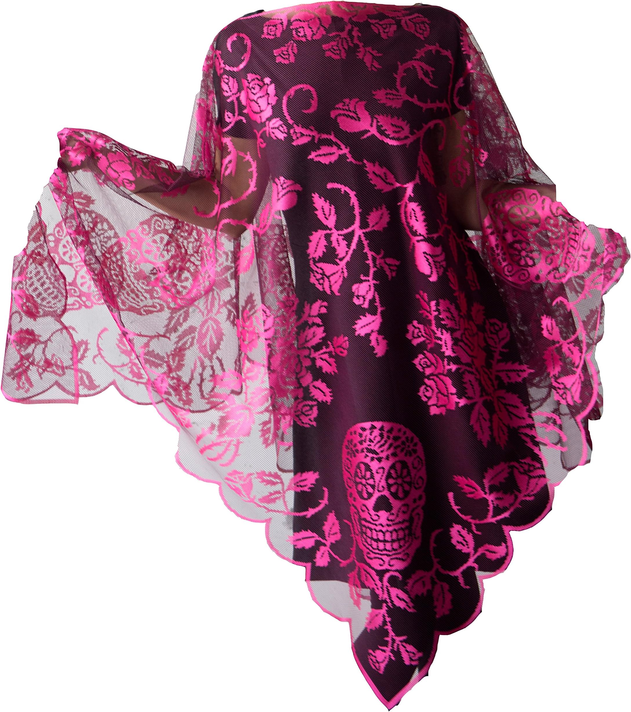 Heritage Lace Halloween Sugar Skulls Poncho 58x58 Inch, Skulls and Roses, Pink