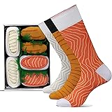 Mettonix Sushi Socks Box 3 Pairs Cotton Crew Dress Socks for Men Women Salmon Squid Urchin Funny Gift