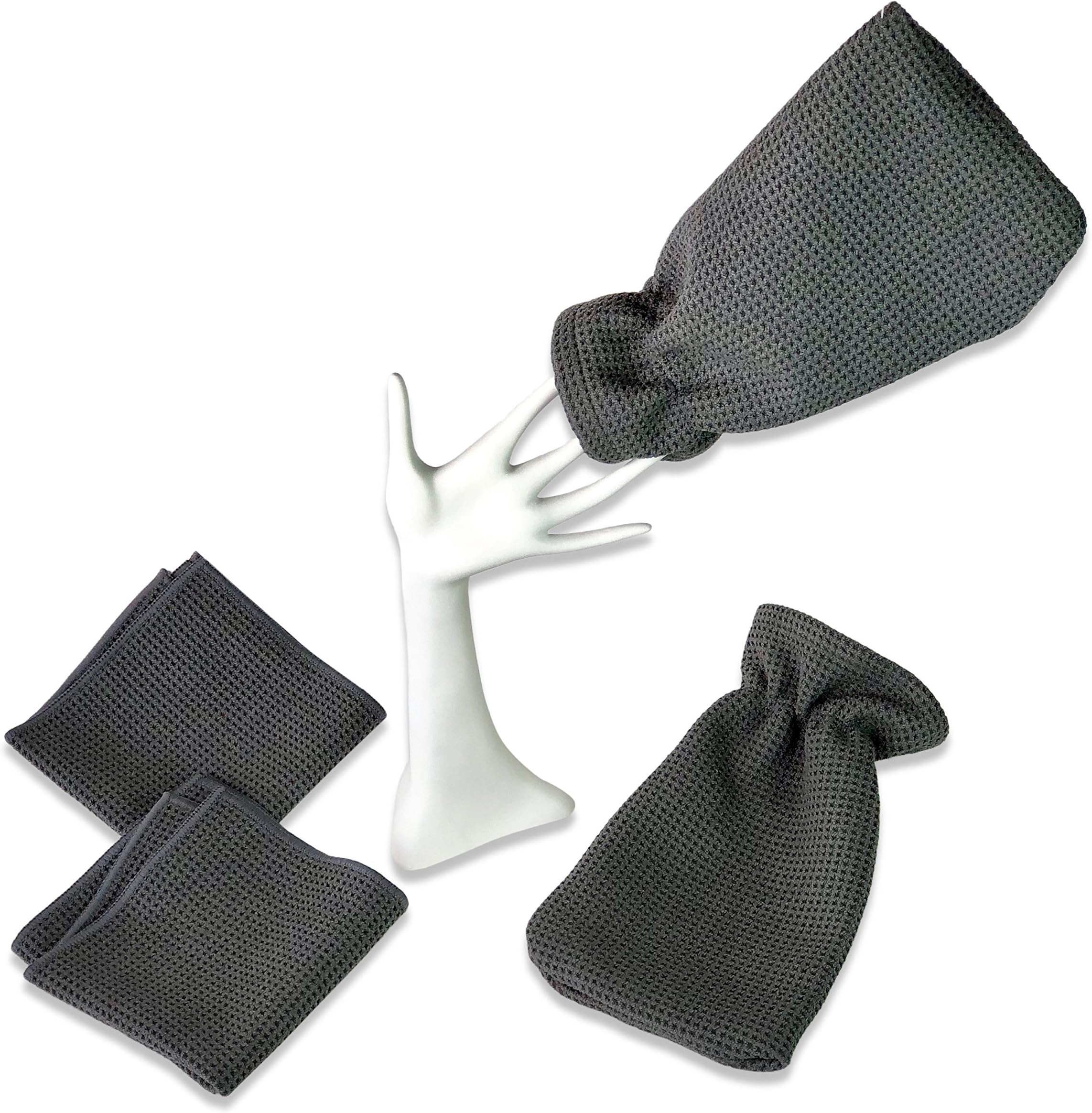 Waffle Microfiber Cleaning Towels and Hand Mitt Set - 2 Cleaning Towels - 2 Hand Mitts - Clean Without Soap - Cleans Kitchen - Bathroom - Car - Workroom - Scrubs Without Scratching