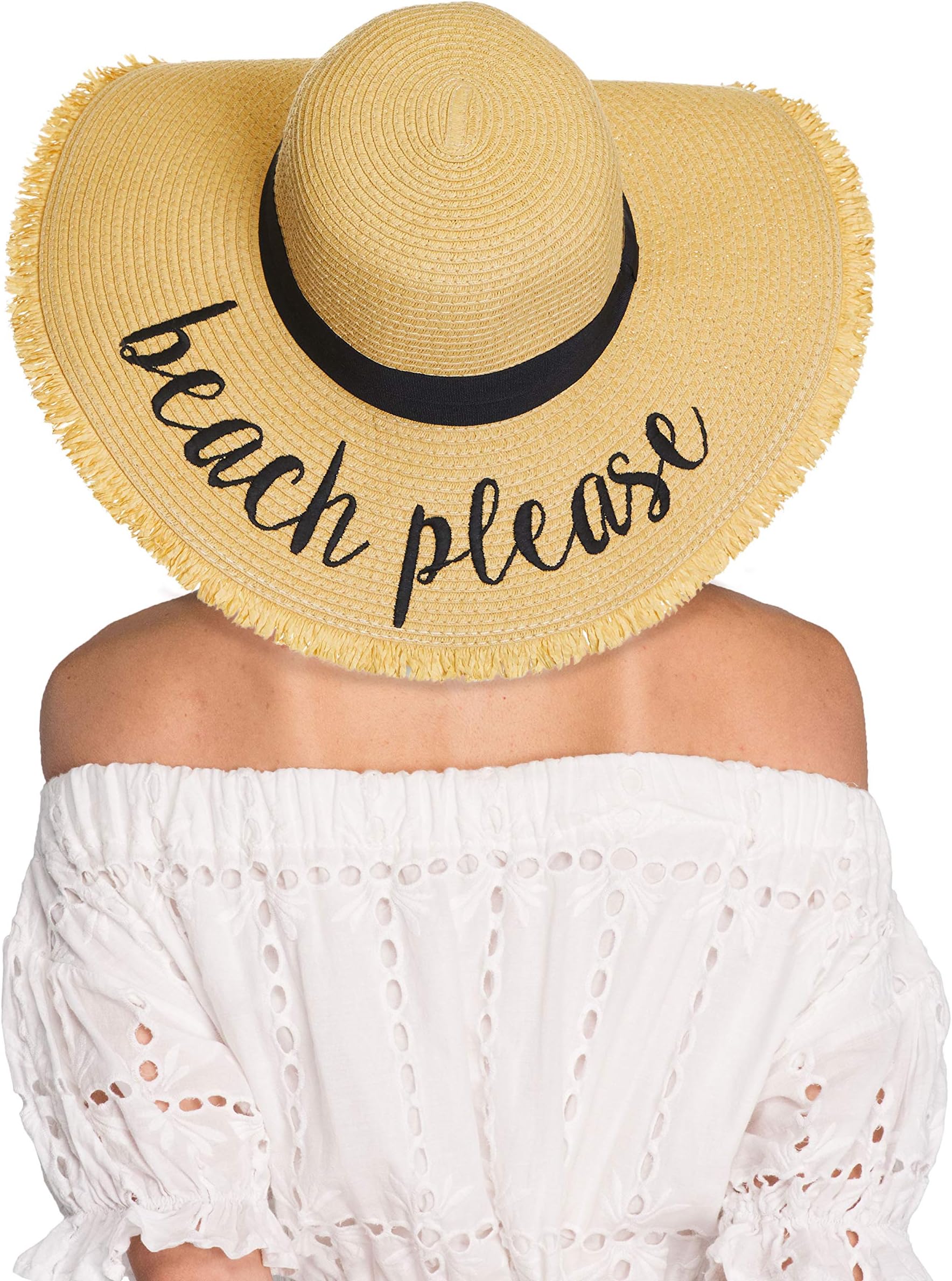 HATSANDSCARF CC Exclusives Straw Embroidered Lettering Floppy Brim Sun Hat (ST-2017)