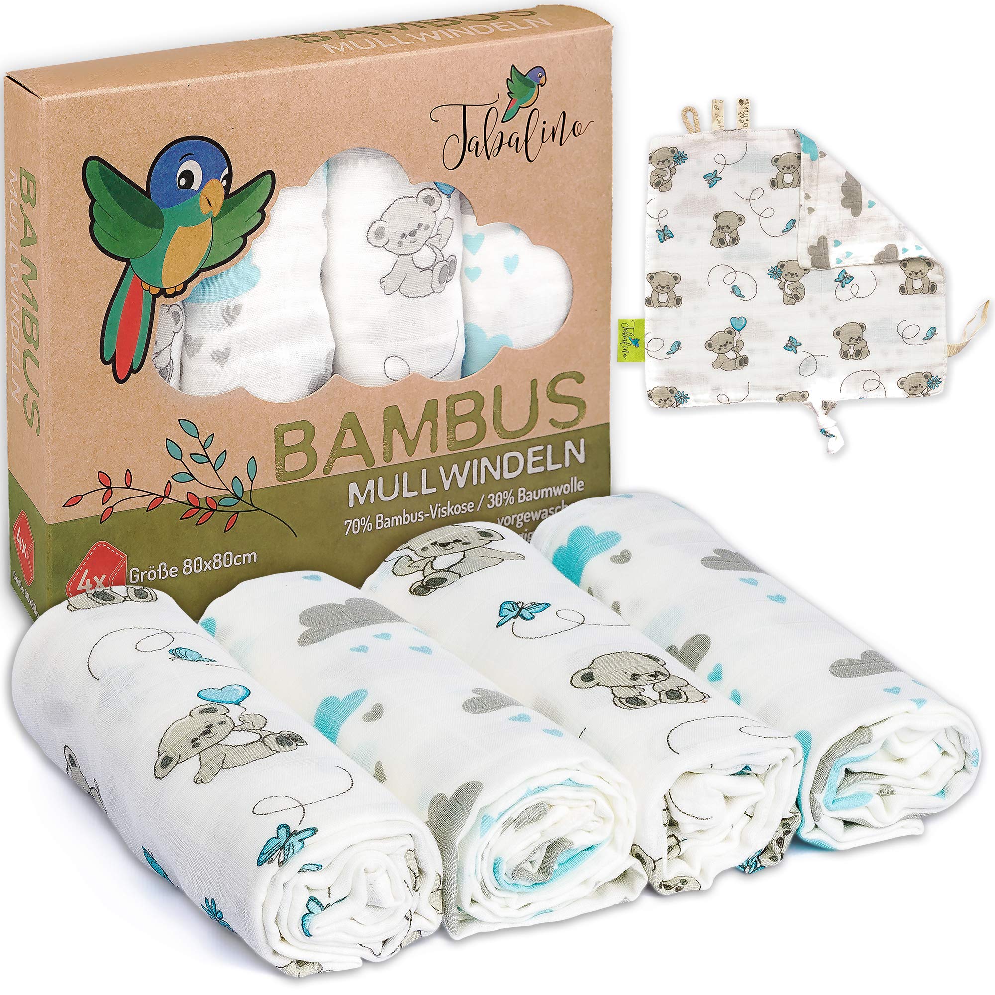 Tabalino Super Soft Bamboo Muslin Nappies Burp Cloths Baby Muslin Cloths Boy 80 x 80 cm Pack of 4 with Comfort Blanket Double Woven Fabric Nappies Molleton Cloths 30% Cotton (Blue Teddy)