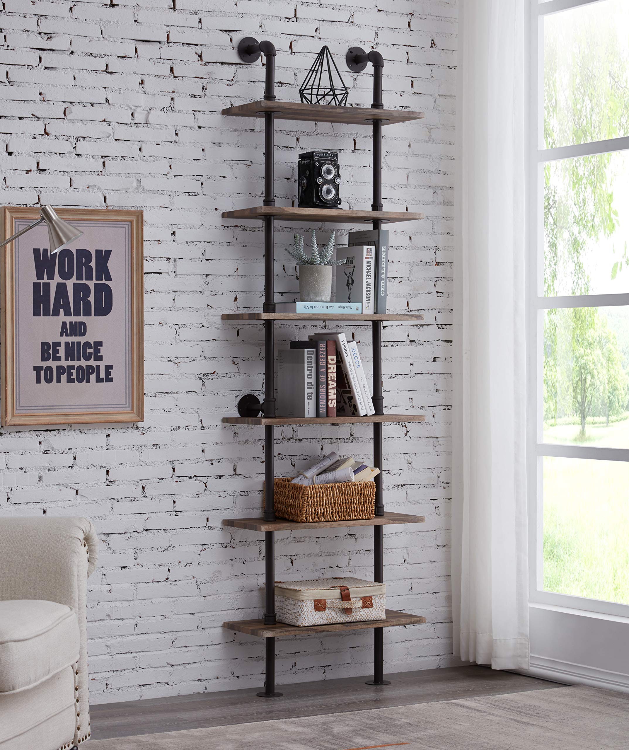 Hombazzar Industrial 6-Tiers Modern Ladder Shelf Bookcase,Wood Storage Shelf, Wall Mounted Wood Shelves, Iron Pipes Design Vintage Bookshelf, Rustic Display Rack for Collection, Retro Brown