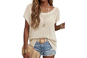 Arach&Cloz Women's Cotton Blend Summer Short Sleeve Sweater Beach Cover Ups Crochet Mesh Loose Casual Knit Tops Trendy 2026