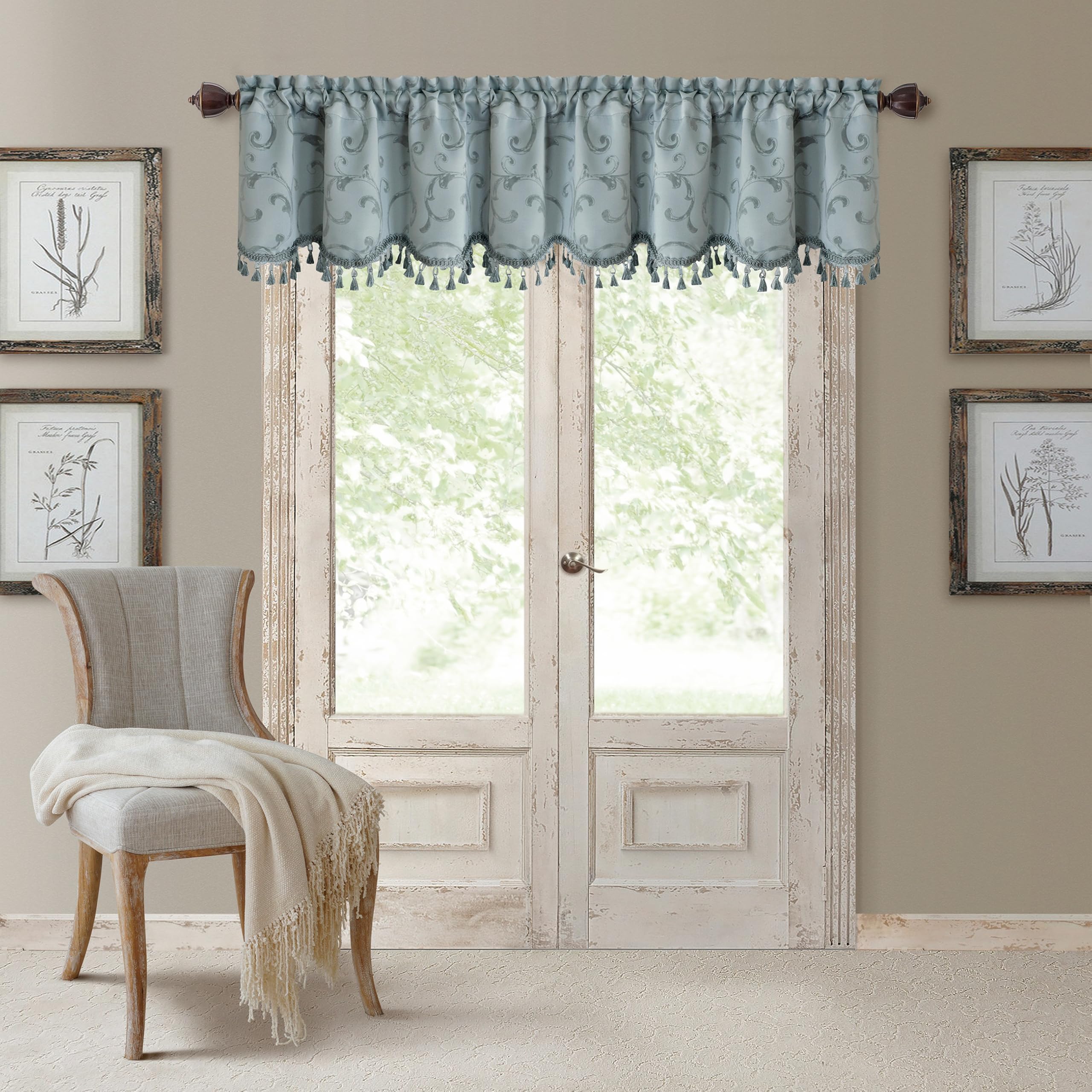 Elrene Home Fashions Mia Jacquard Scroll Blackout Single Window Valance, 19.00" x 52.00", Blue