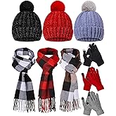 JaGely 9 Pcs Winter Warm Beanie Hat Plaid Scarf Gloves Set Winter Buffalo Plaid Scarf Knitted Beanie Hat Touch Screen Gloves for Men and Women Outdoor Running Ski