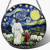 LAOWEIKI 8 Inches Jesus with Child Stained Glass Suncatcher, Window Hanging Home Decor, Starry Night Ornament, Christian Gift, Religious Gifts for Her or Him, Gifts for Christmas