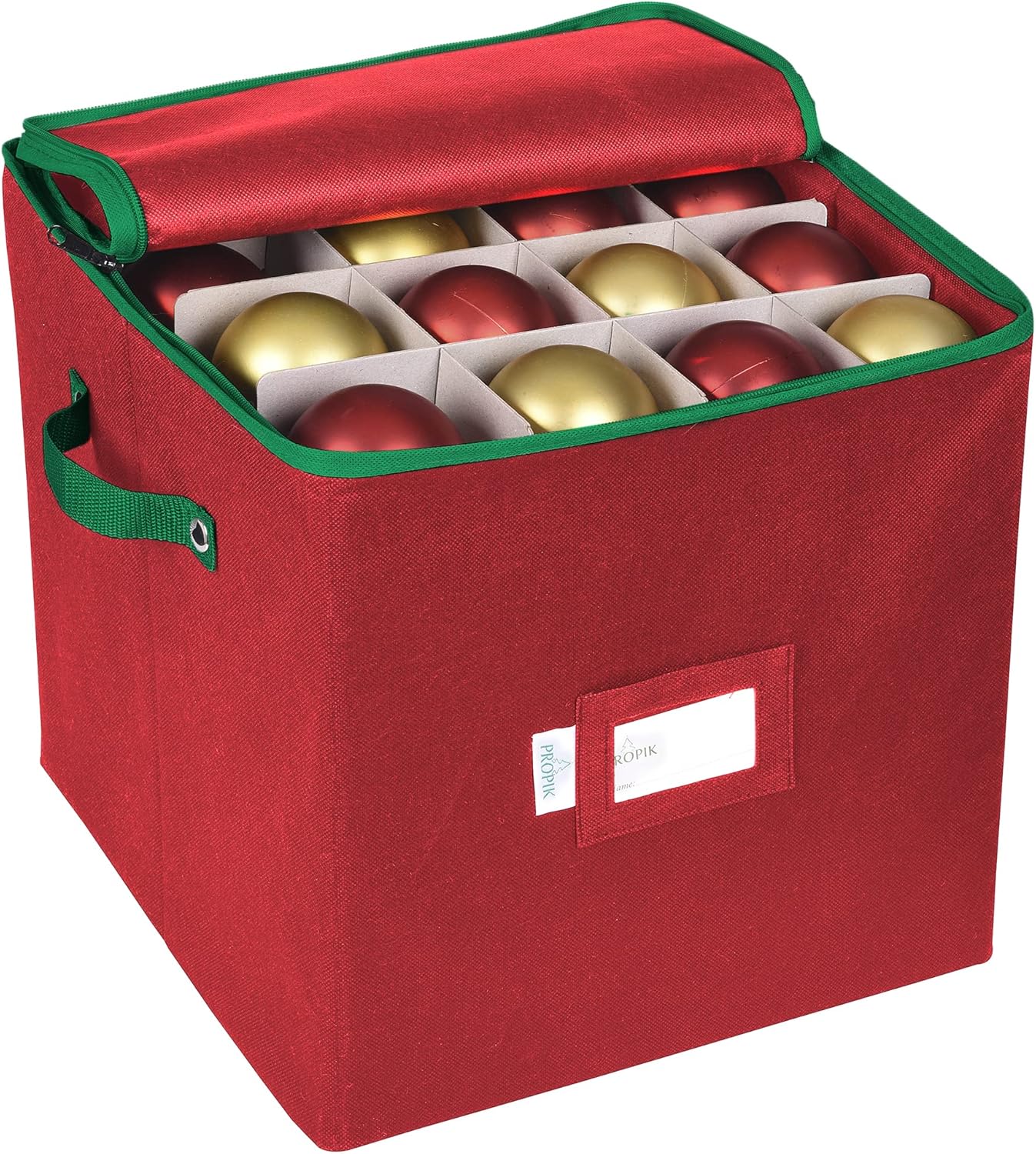 Holiday Décor Storage - ProPik Christmas Ornament Storage Box, 4 Tier Holds Up to 64 Holiday Ornaments Decoration Balls, Storage Container with Dividers for 3” Bulbs, Made with Durable Oxford Polyester Material (Red)
