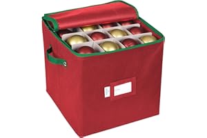 ProPik Christmas Ornament Storage Box, 4 Tier Holds Up to 64 Holiday Ornaments Decoration Balls, Storage Container with Dividers for 3” Bulbs, Made with Durable Oxford Polyester Material (Red)